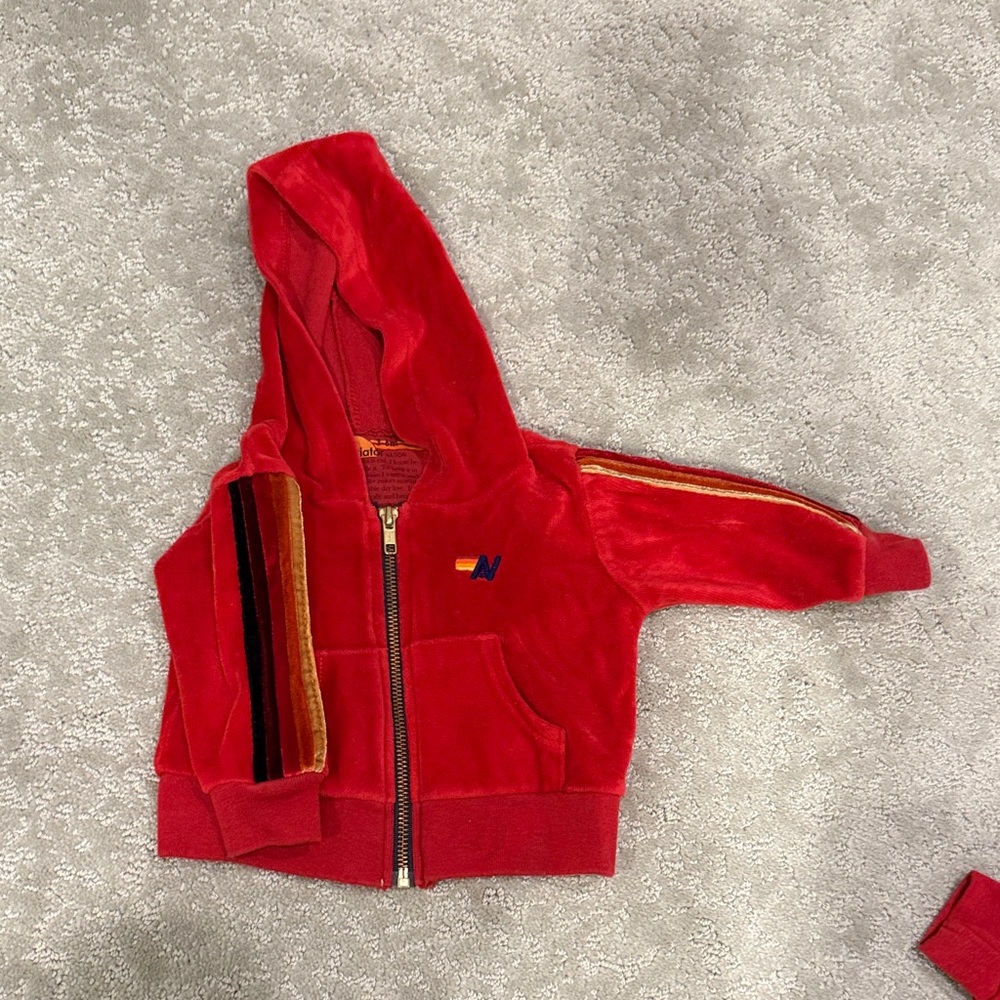 Aviator Nation Red Hooded Velour zip up sweatshirt Jacket with Striped Sleeve